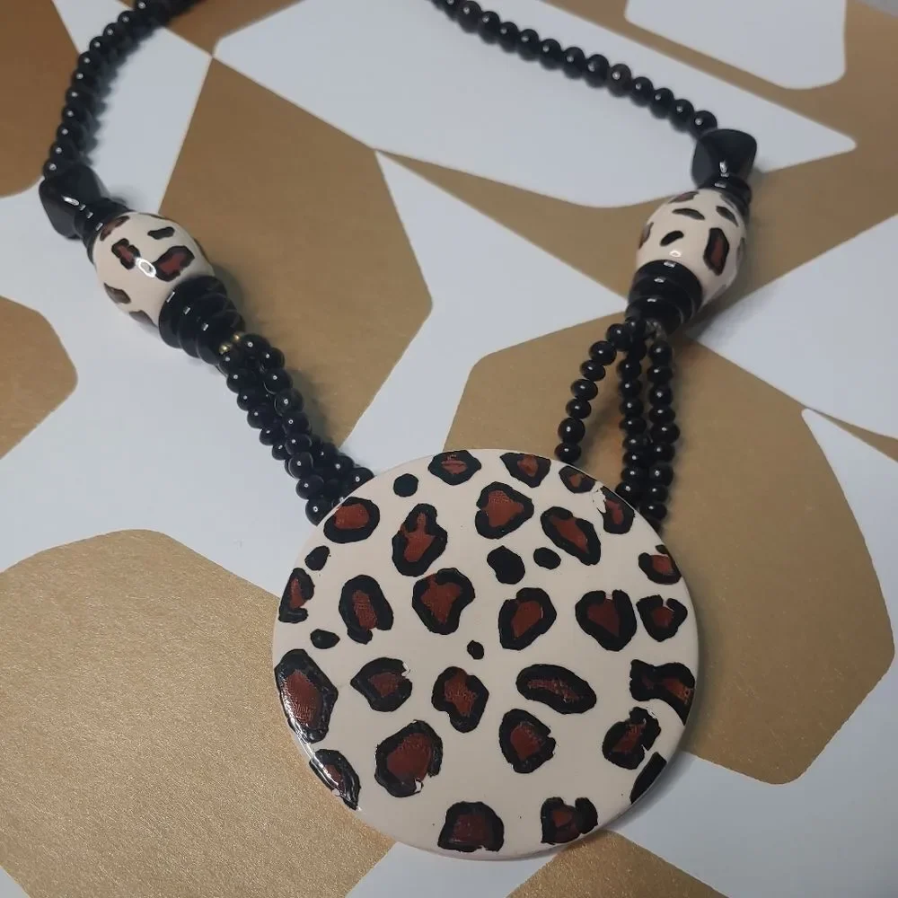 Large Cheetah Leopard Print Statement Pendant Necklace